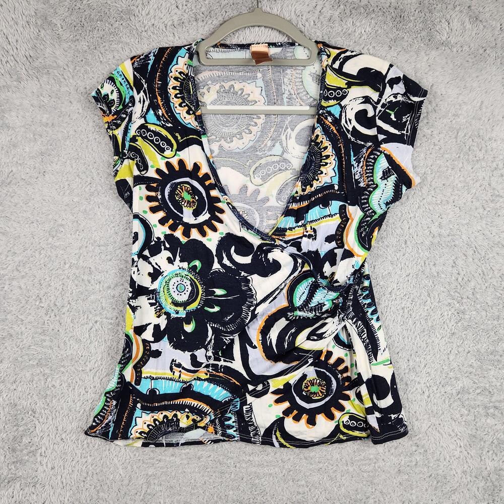 Vintage Abstract Floral Y2k Shirt Womens Medium Multicolor Stretch USA Boho Art